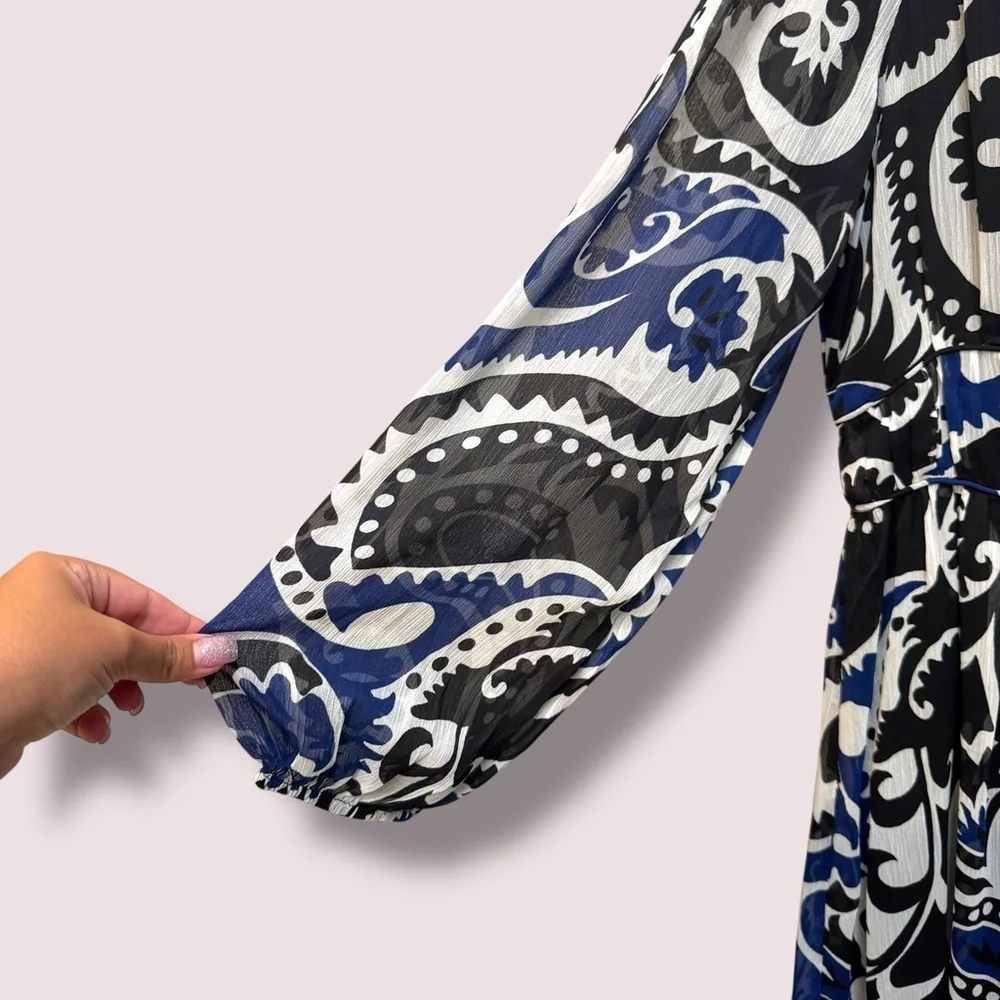 Loft Paisley Shirred Flounce Long Sleeve Midi Dress Tiered Blue White Size 8